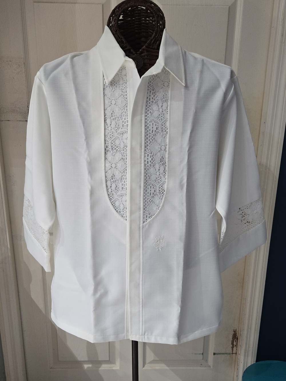 Vintage Beau Tiki Hawaiin Men's White Dress Shirt with Lace Front Panel-Size L